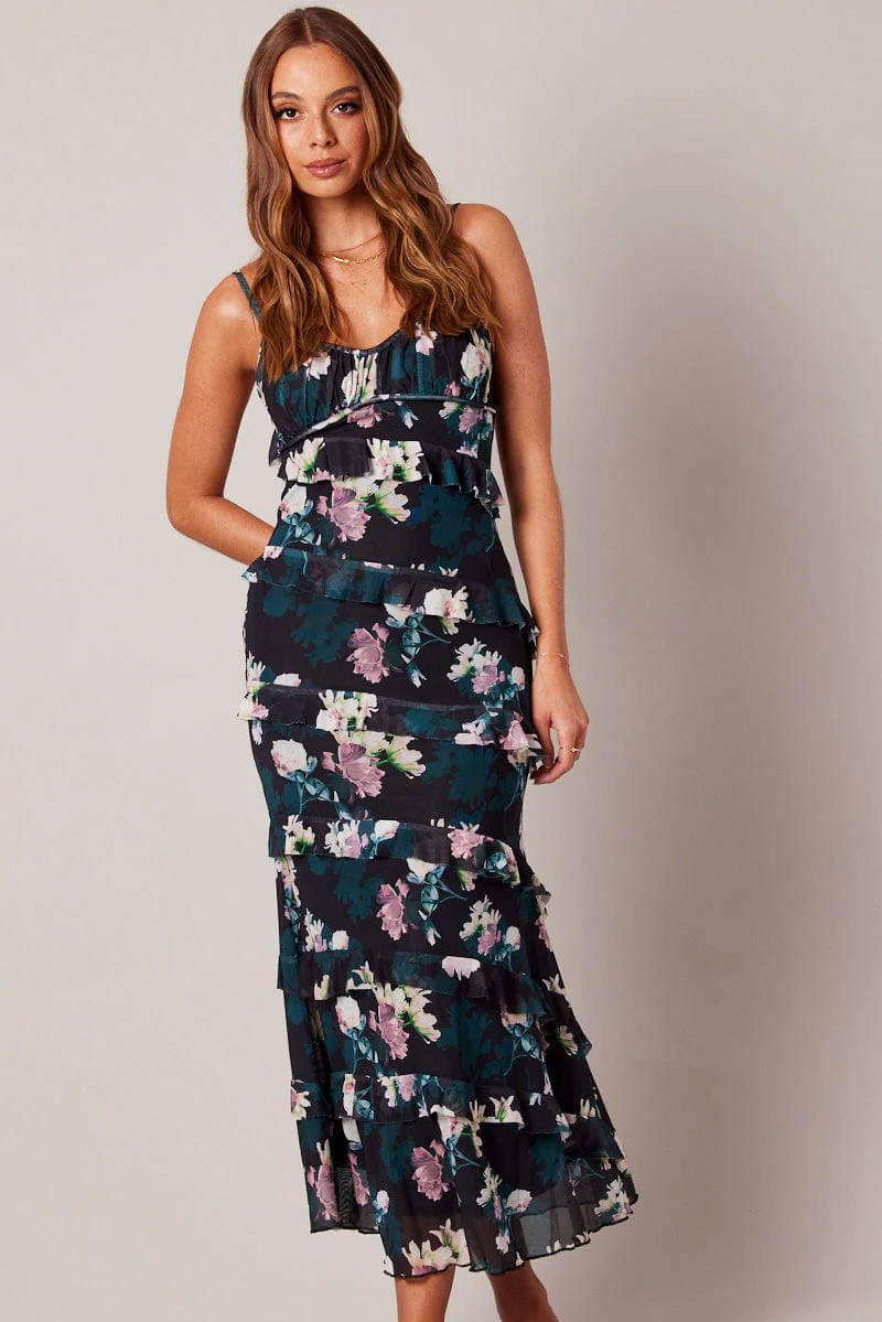 Black Floral Bodycon Dress Singlet Sweetheart Frill - Image 3