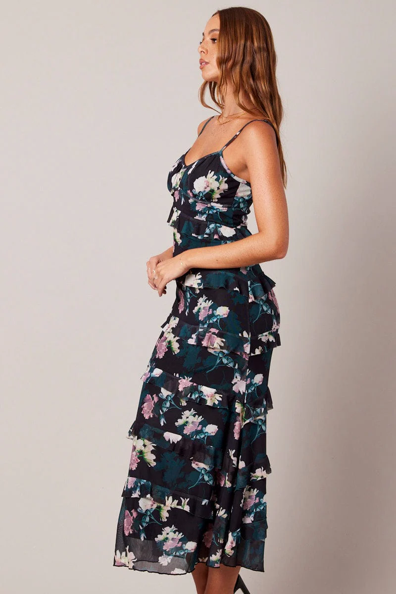 Black Floral Bodycon Dress Singlet Sweetheart Frill - Image 4