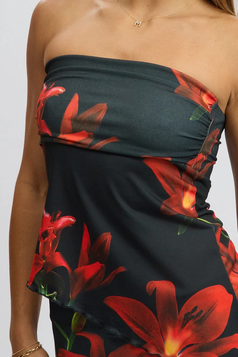 Black Floral Boob Tube Top Asymmetric Hem - Image 6
