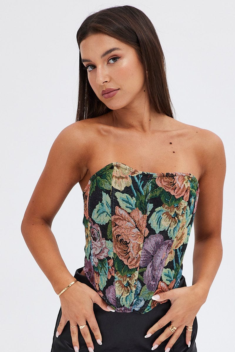 Black Floral Corset Sleeveless Strapless Sweetheart Longline - Image 3