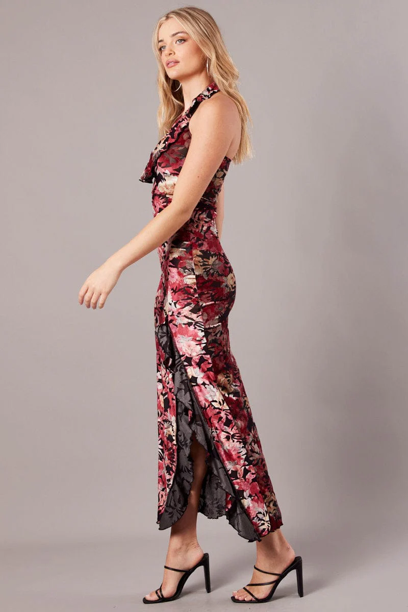 Black Floral Devore Maxi Dress Burnout Velvet Ruffle Dress - Image 4