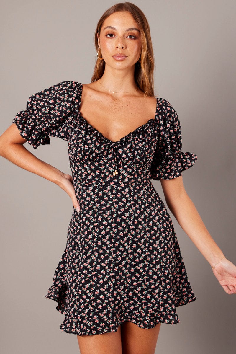 Black Floral Fit And Flare Dress Puff Sleeve - Image 3