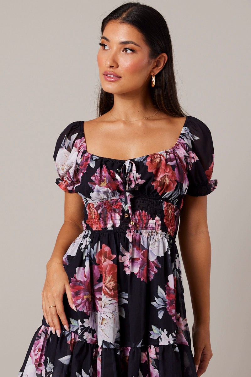 Black Floral Fit And Flare Dress Puff Sleeve Mini - Image 3