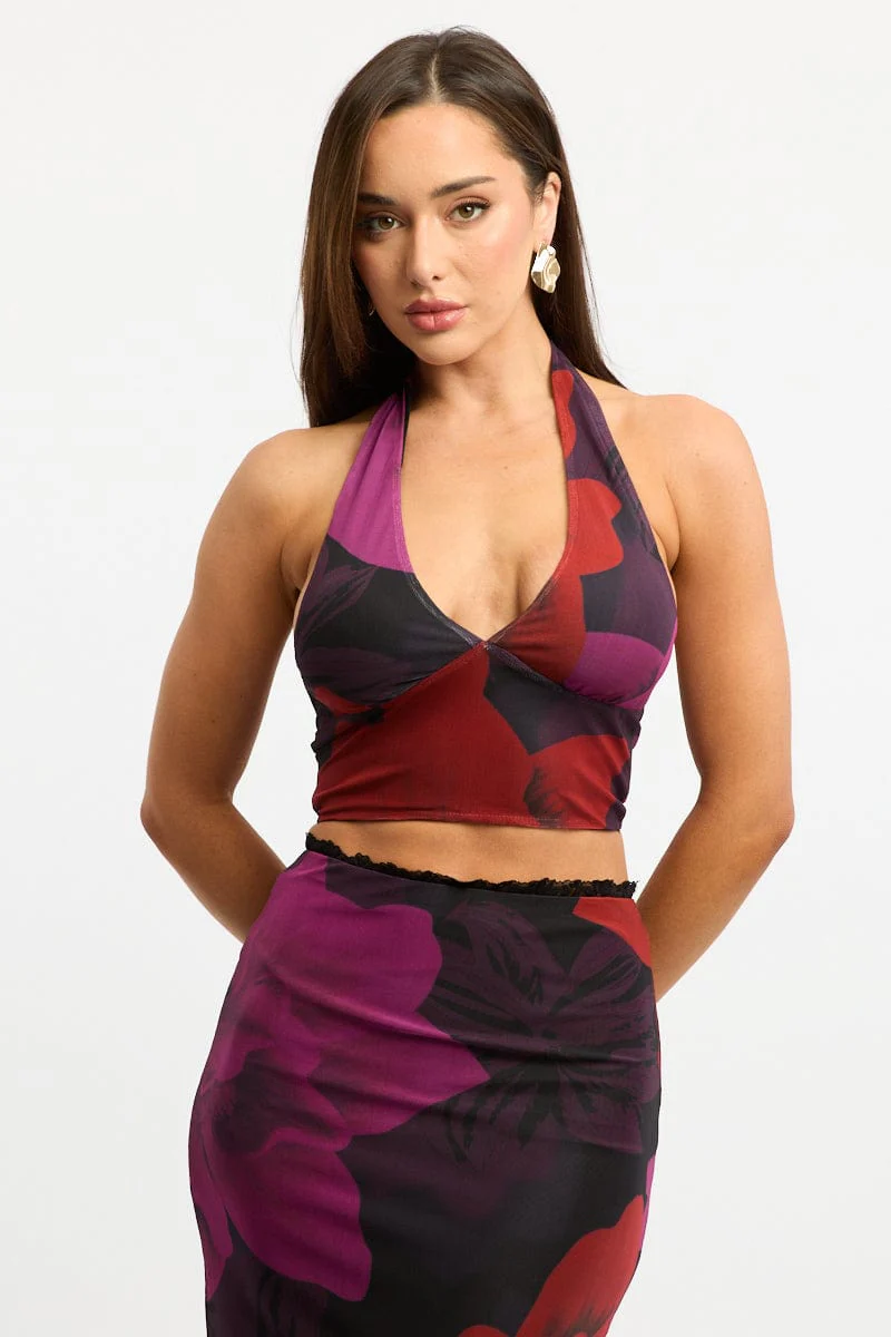 Black Floral Halter Neck Top Tie Back Mesh - Image 2
