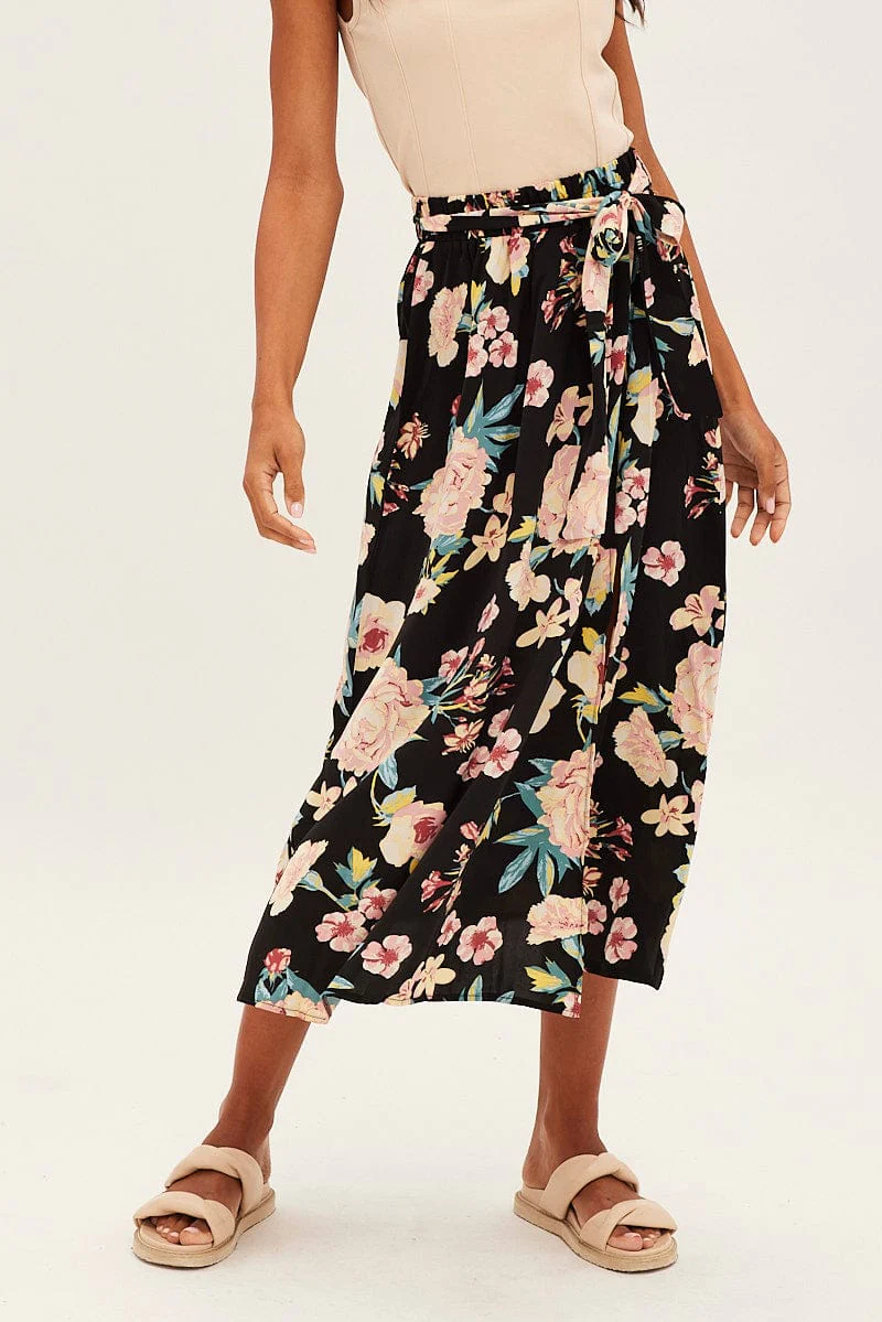Black Floral High Waist Front Slit Floral Midi Skirt - Image 2
