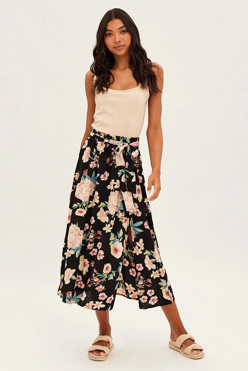 Black Floral High Waist Front Slit Floral Midi Skirt - Image 3
