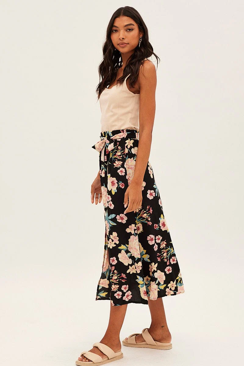 Black Floral High Waist Front Slit Floral Midi Skirt - Image 4
