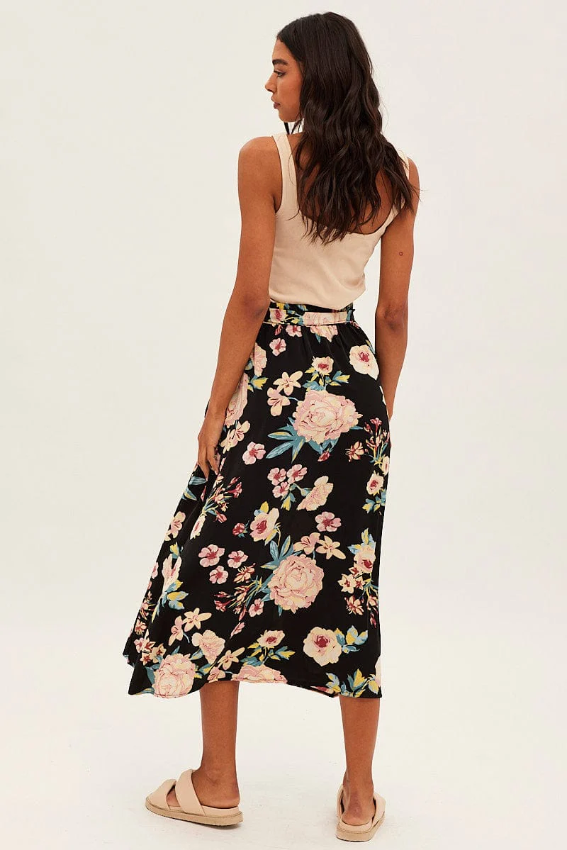 Black Floral High Waist Front Slit Floral Midi Skirt - Image 5