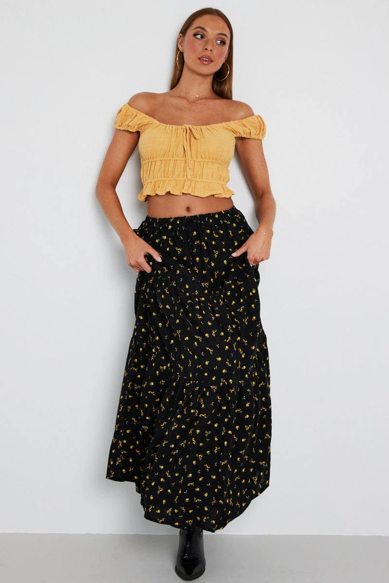 Black Floral Maxi Skirt Elasticated Waist - Image 2