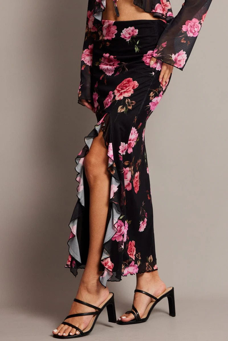 Black Floral Maxi Skirt High Rise Ruffled Slit Frill Hem Mesh - Image 4