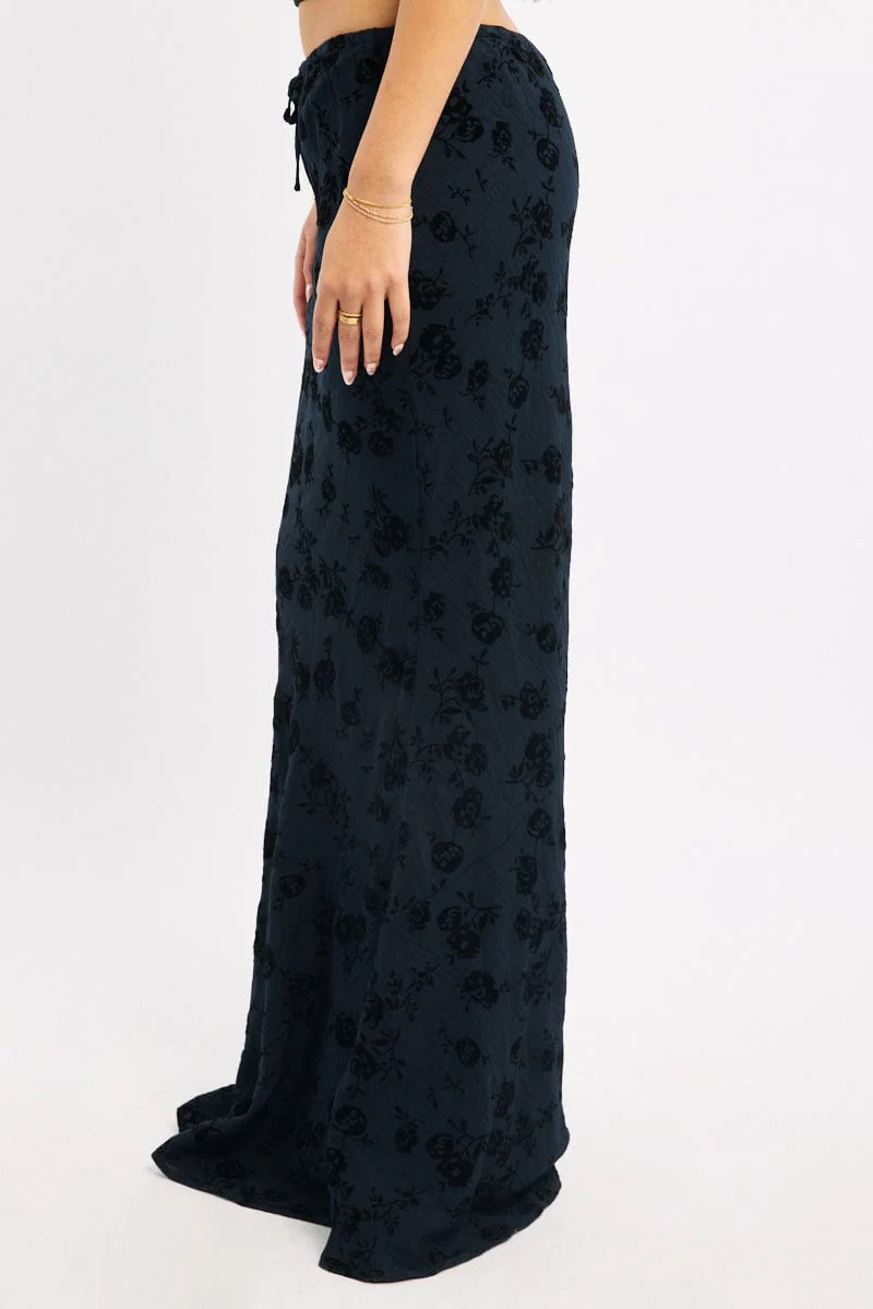 Black Floral Maxi Skirt High Waisted Panelled Detail Burnout - Image 3