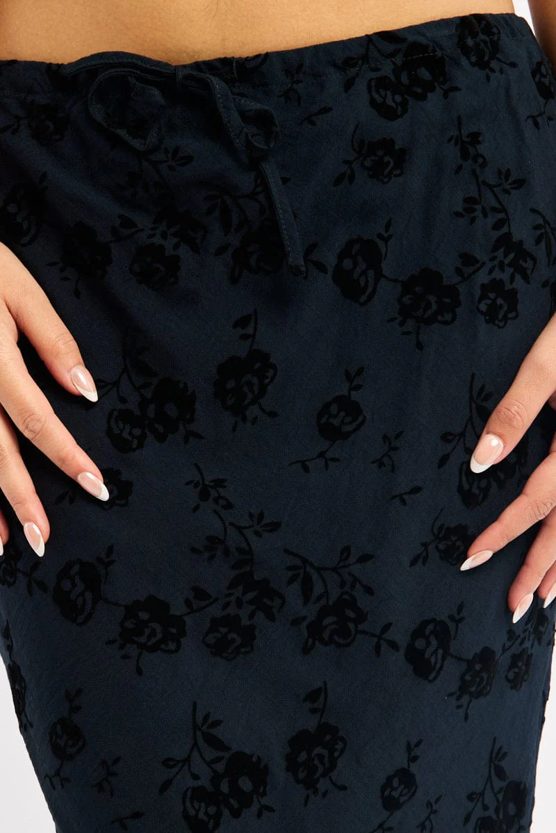 Black Floral Maxi Skirt High Waisted Panelled Detail Burnout - Image 5