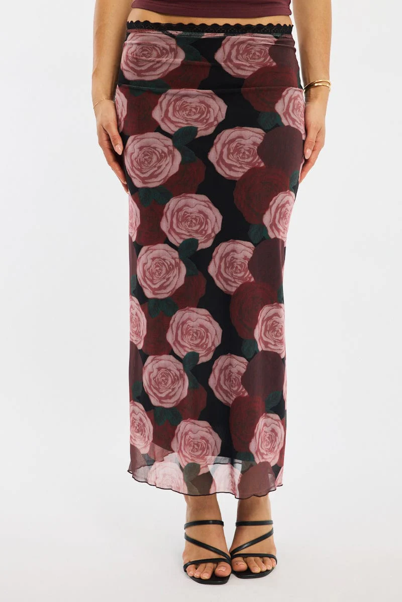 Black Floral Mesh Maxi Skirt Elastic Waist Lace Trim Detail - Image 2