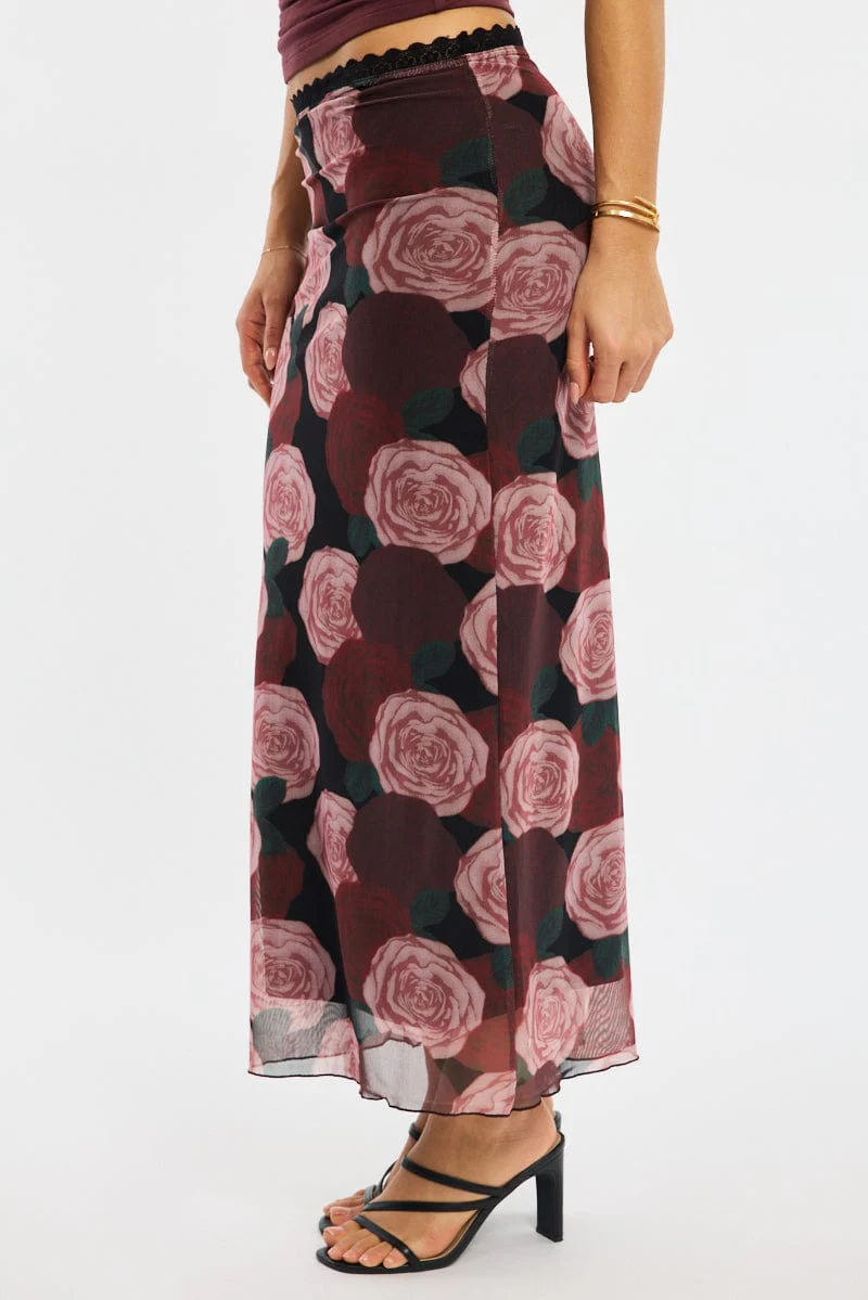 Black Floral Mesh Maxi Skirt Elastic Waist Lace Trim Detail - Image 3