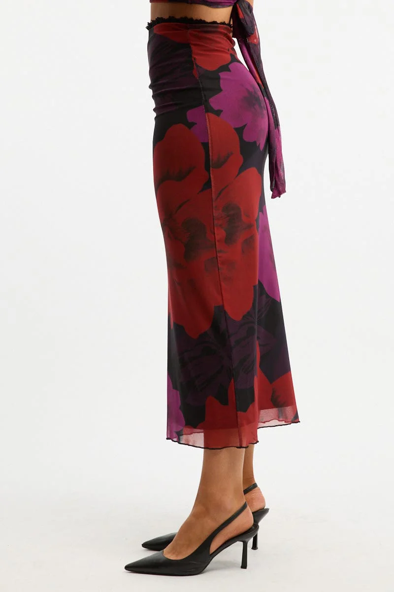 Black Floral Mesh Skirt Elasticated Lace Trim Midaxi - Image 4