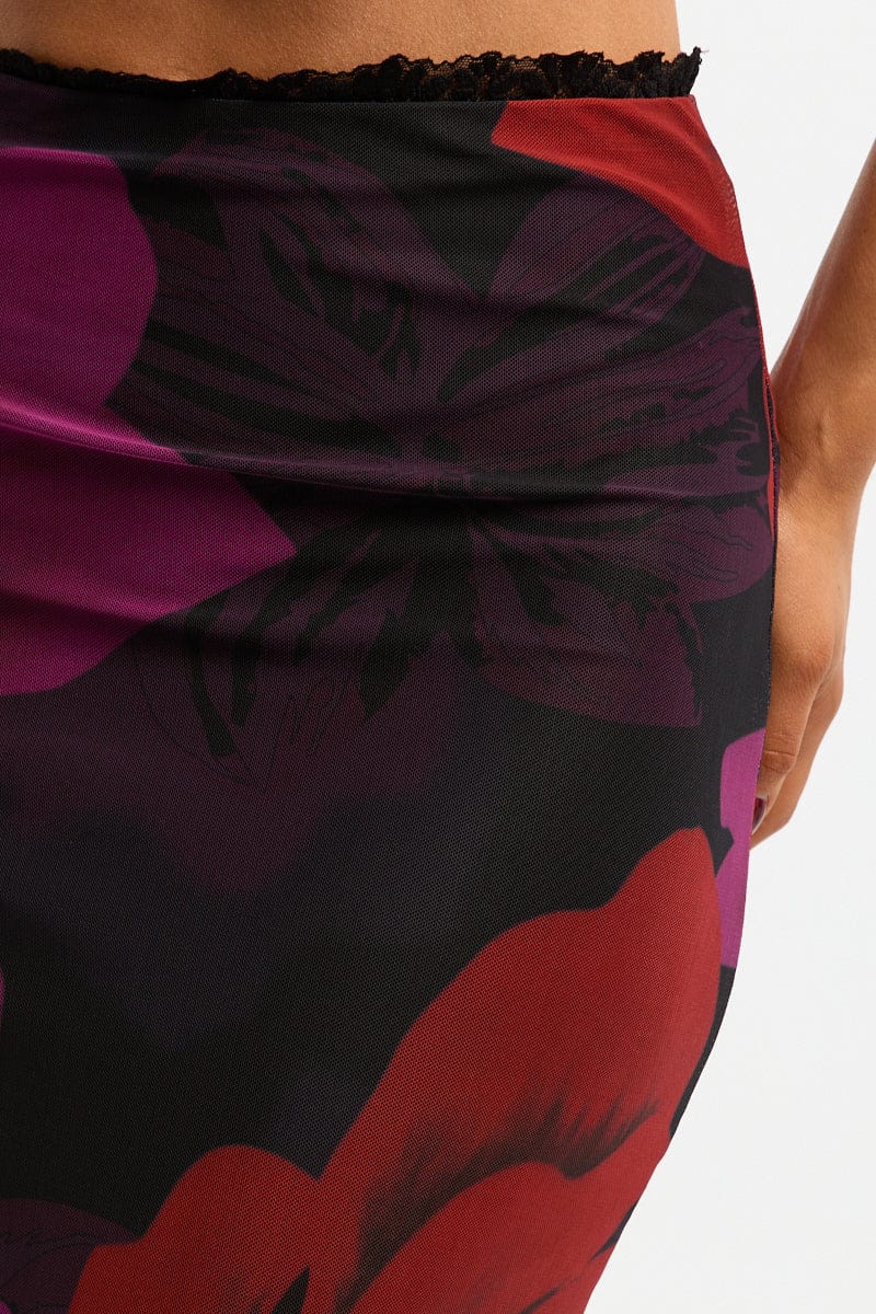 Black Floral Mesh Skirt Elasticated Lace Trim Midaxi - Image 6