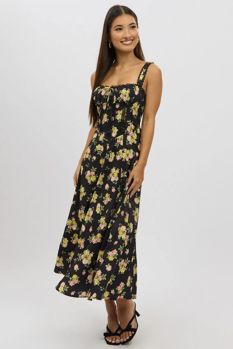 Black Floral Midi Dress Corset Detail - Image 3