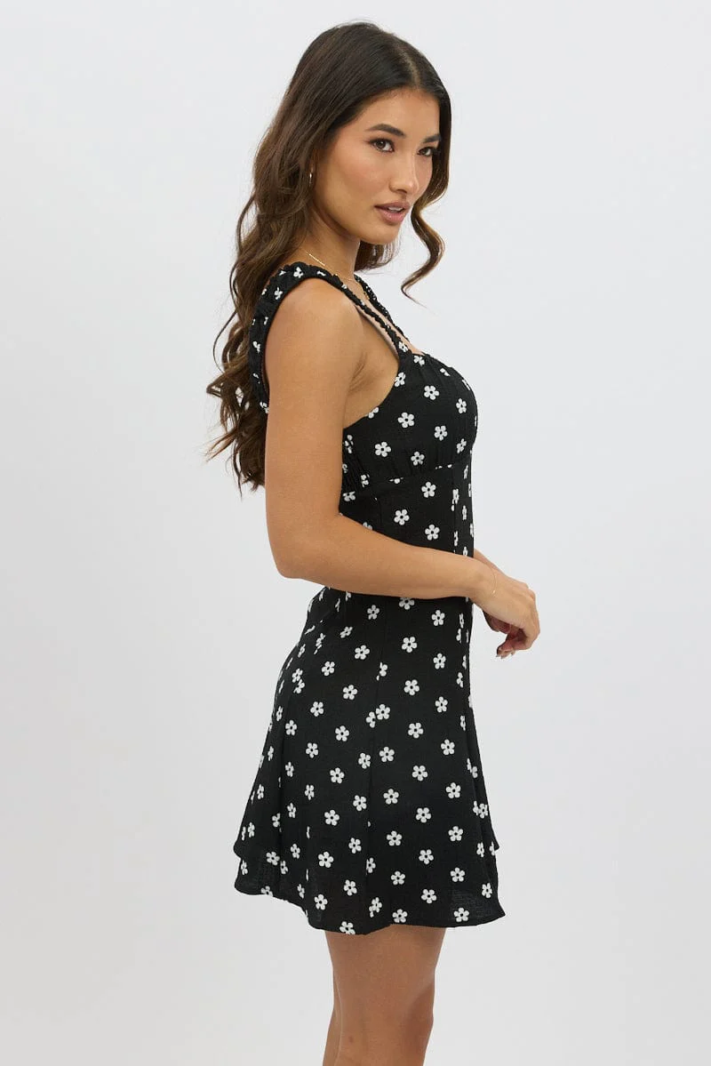 Black Floral Mini Dress Gathered Bust - Image 4