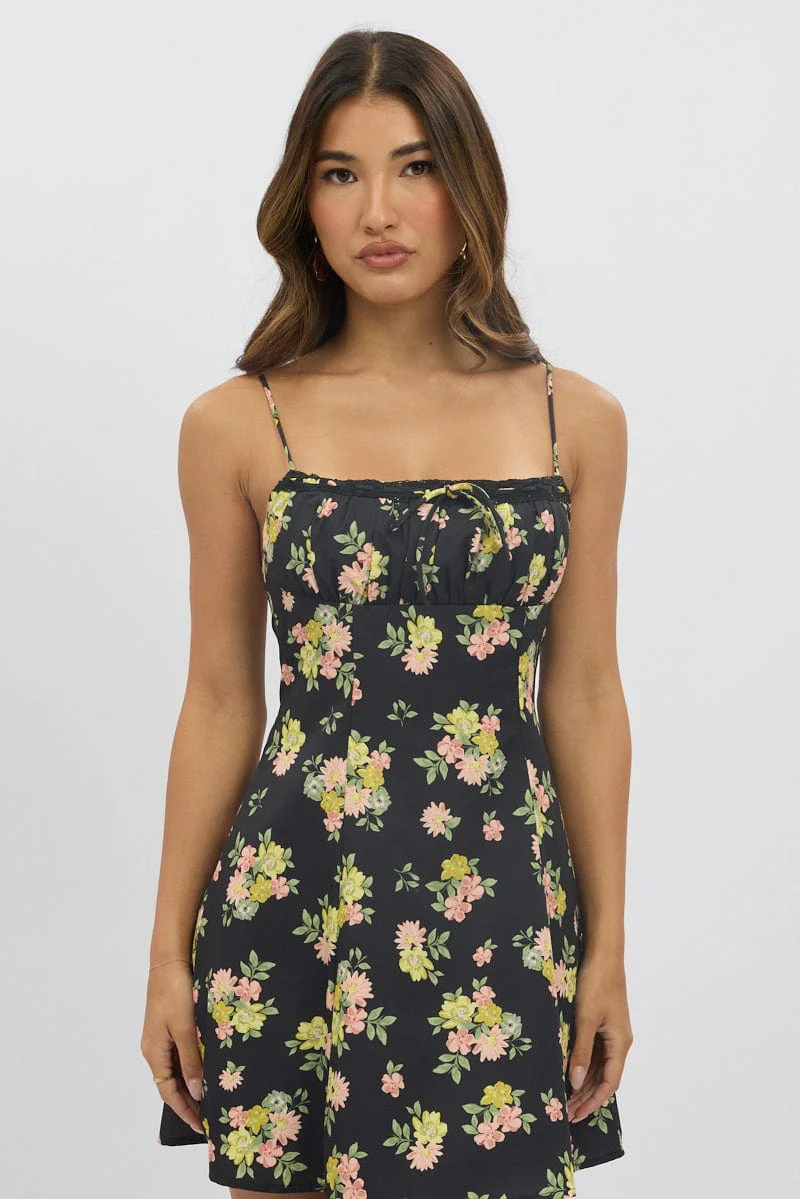 Black Floral Mini Dress Strappy - Image 3