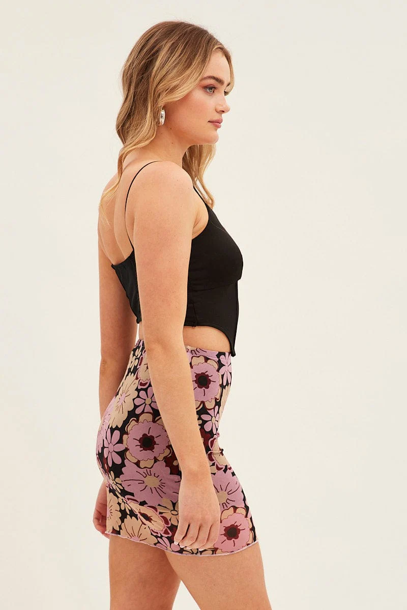 Black Floral Mini Skirt Mesh - Image 4