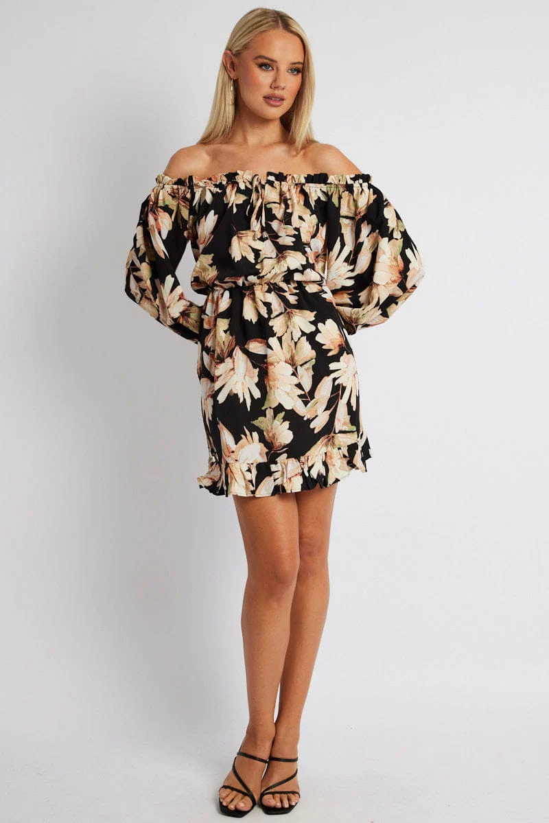 Black Floral Off Shoulder Dress Balloon Sleeve Skater Dress - Image 2