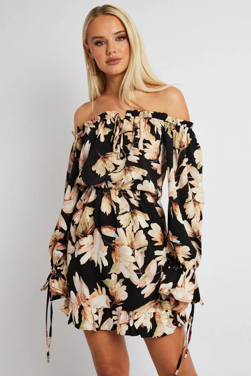 Black Floral Off Shoulder Dress Balloon Sleeve Skater Dress - Image 3