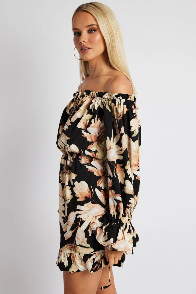 Black Floral Off Shoulder Dress Balloon Sleeve Skater Dress - Image 4