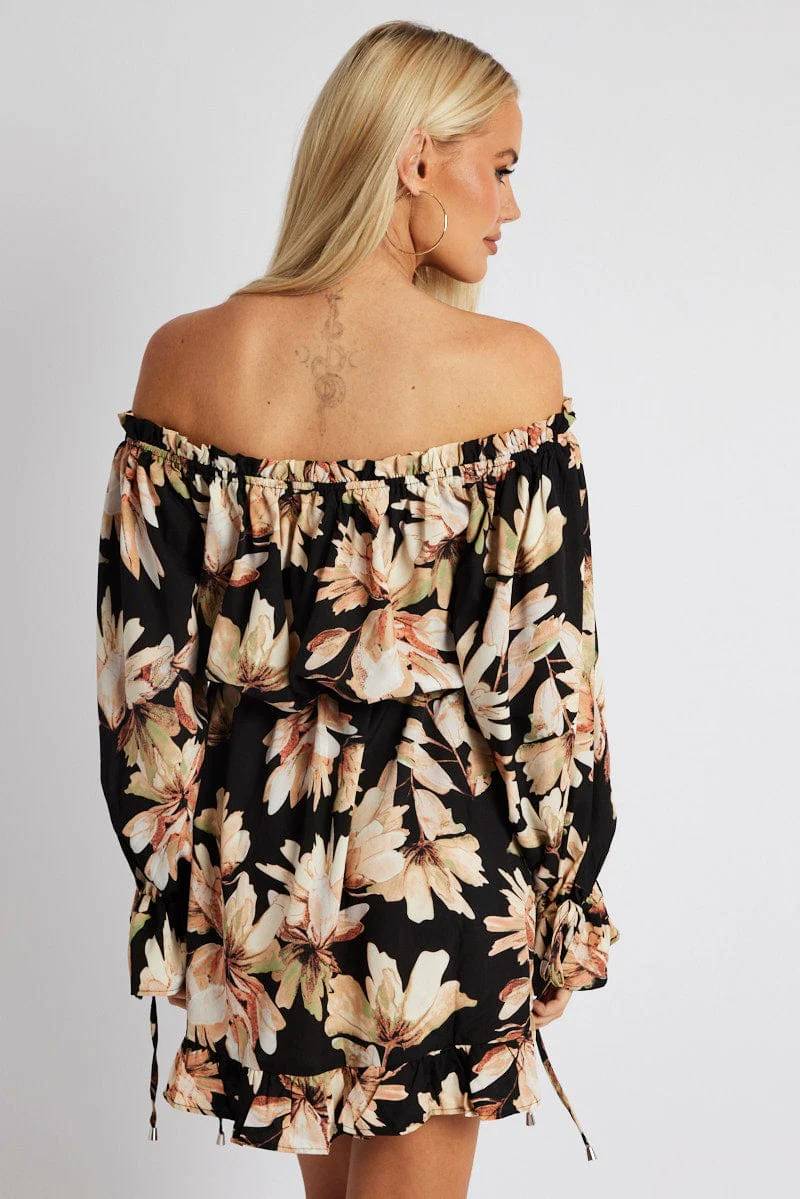 Black Floral Off Shoulder Dress Balloon Sleeve Skater Dress - Image 5