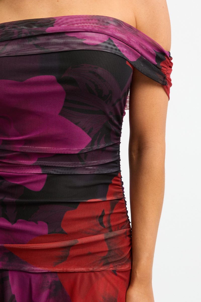 Black Floral Off Shoulder Dress Mini - Image 5