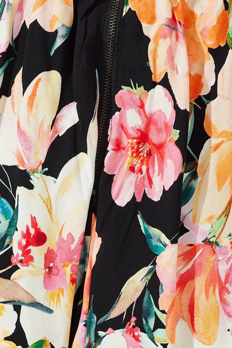 Black Floral Puff Sleeve Skater Dress - Image 6