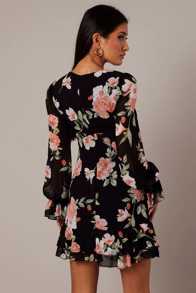 Black Floral Ruffle Dress Long Sleeve Flared Cuff Mini Dress - Image 5