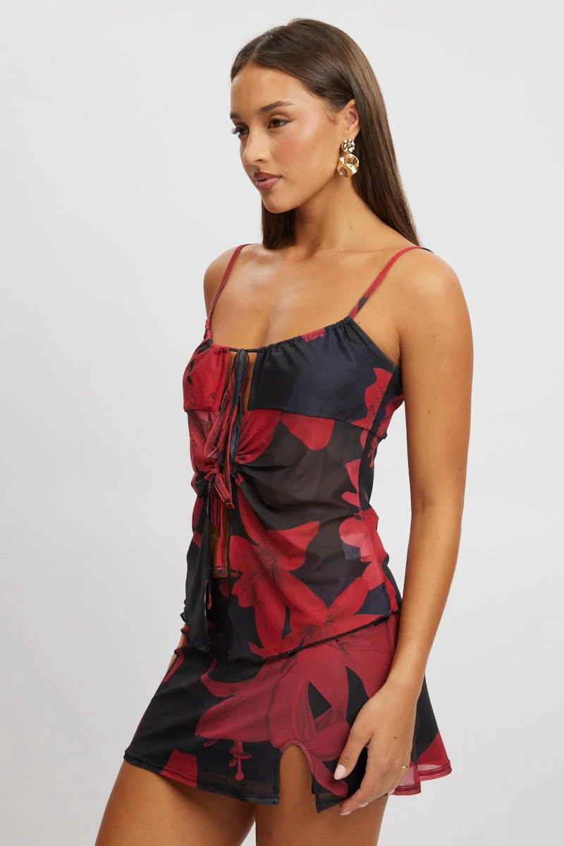 Black Floral Singlet Top Tie Up Front - Image 4
