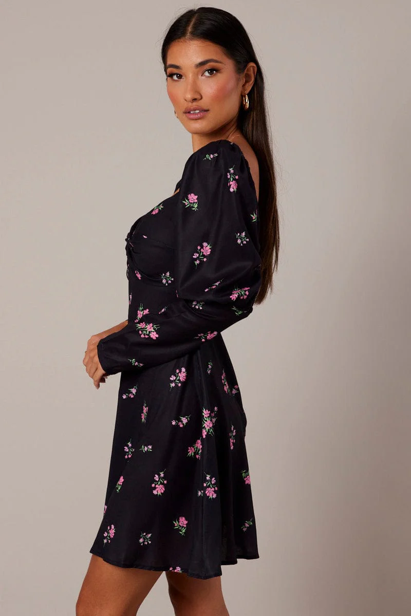 Black Floral Skater Dress Puff Sleeve Dress Swishy - Image 4