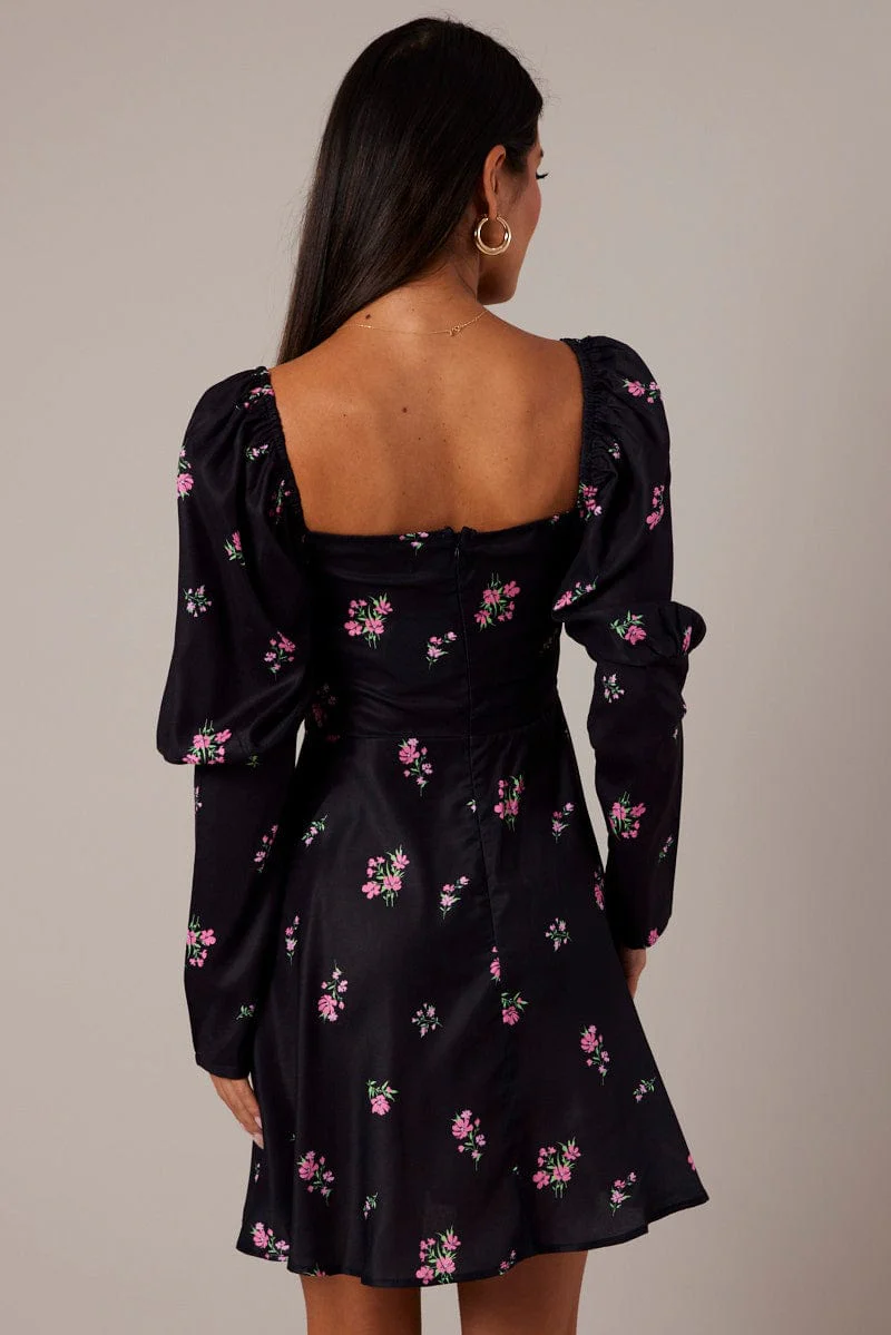 Black Floral Skater Dress Puff Sleeve Dress Swishy - Image 5