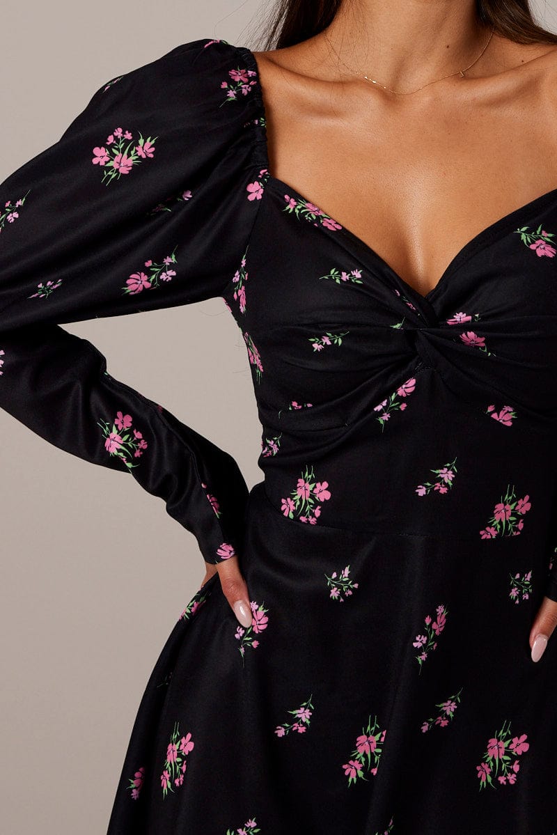 Black Floral Skater Dress Puff Sleeve Dress Swishy - Image 6