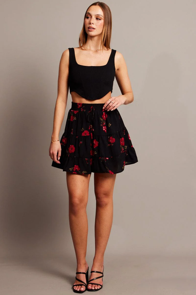 Black Floral Skater Skirt Mini - Image 2