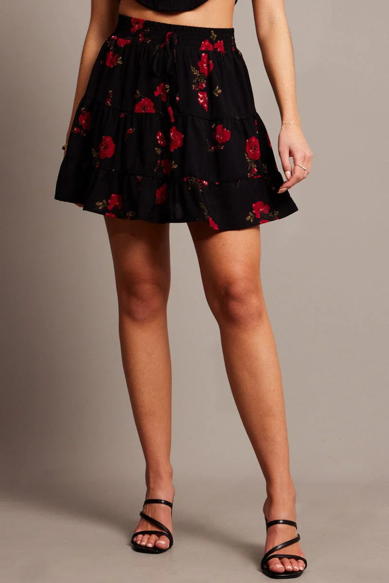 Black Floral Skater Skirt Mini - Image 3