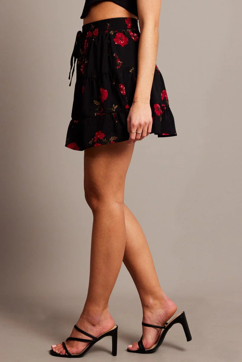Black Floral Skater Skirt Mini - Image 4