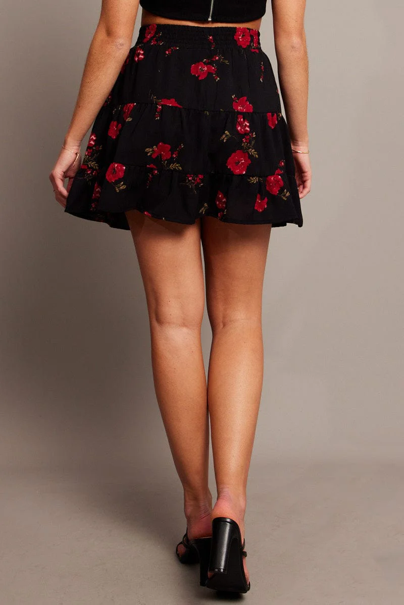 Black Floral Skater Skirt Mini - Image 5