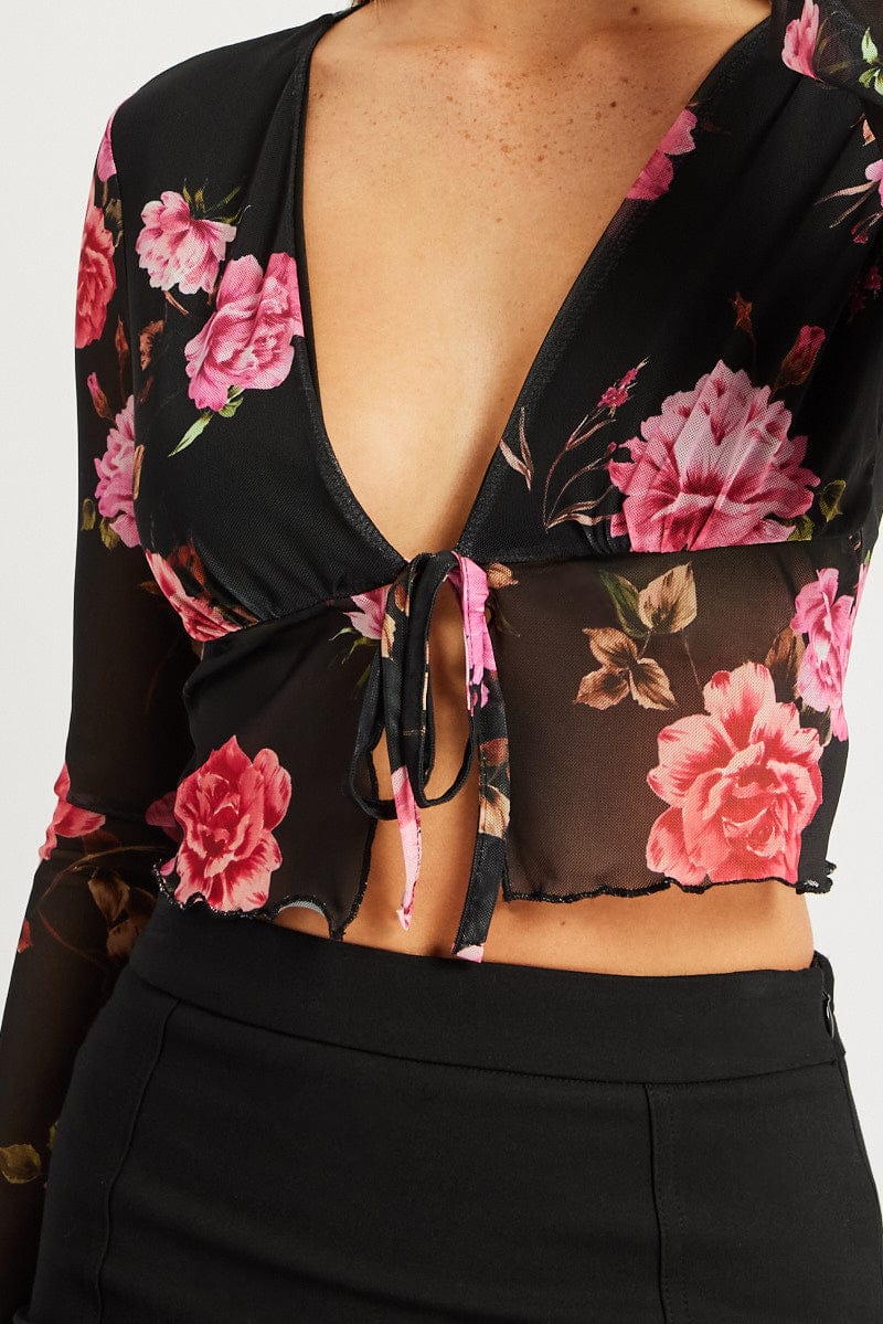 Black Floral Tie up Cardigan Long Sleeve - Image 6