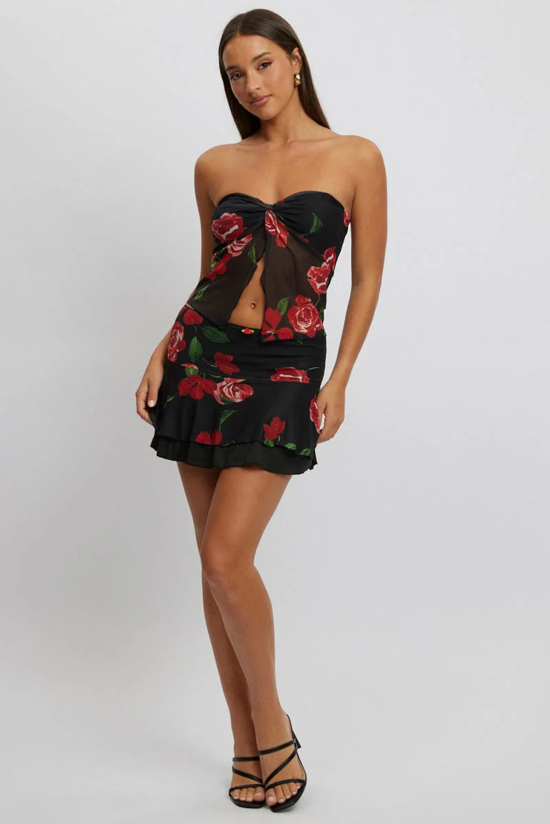 Black Floral Twisted Bandeau Top Mesh - Image 3