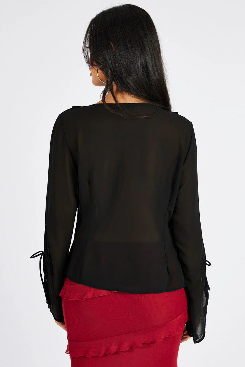 Black Frill Split Top Tie Front Long Sleeve - Image 5