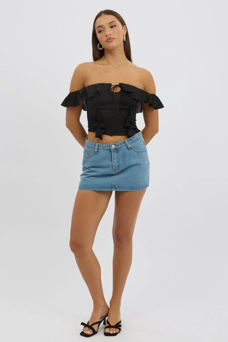 Black Frilled Top Sleeveless Off Shoulder Chiffon - Image 2