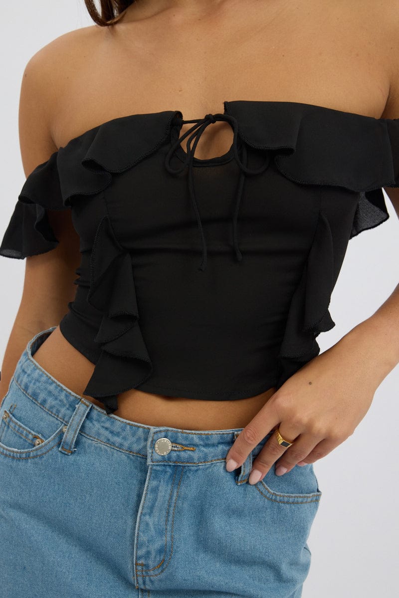 Black Frilled Top Sleeveless Off Shoulder Chiffon - Image 6
