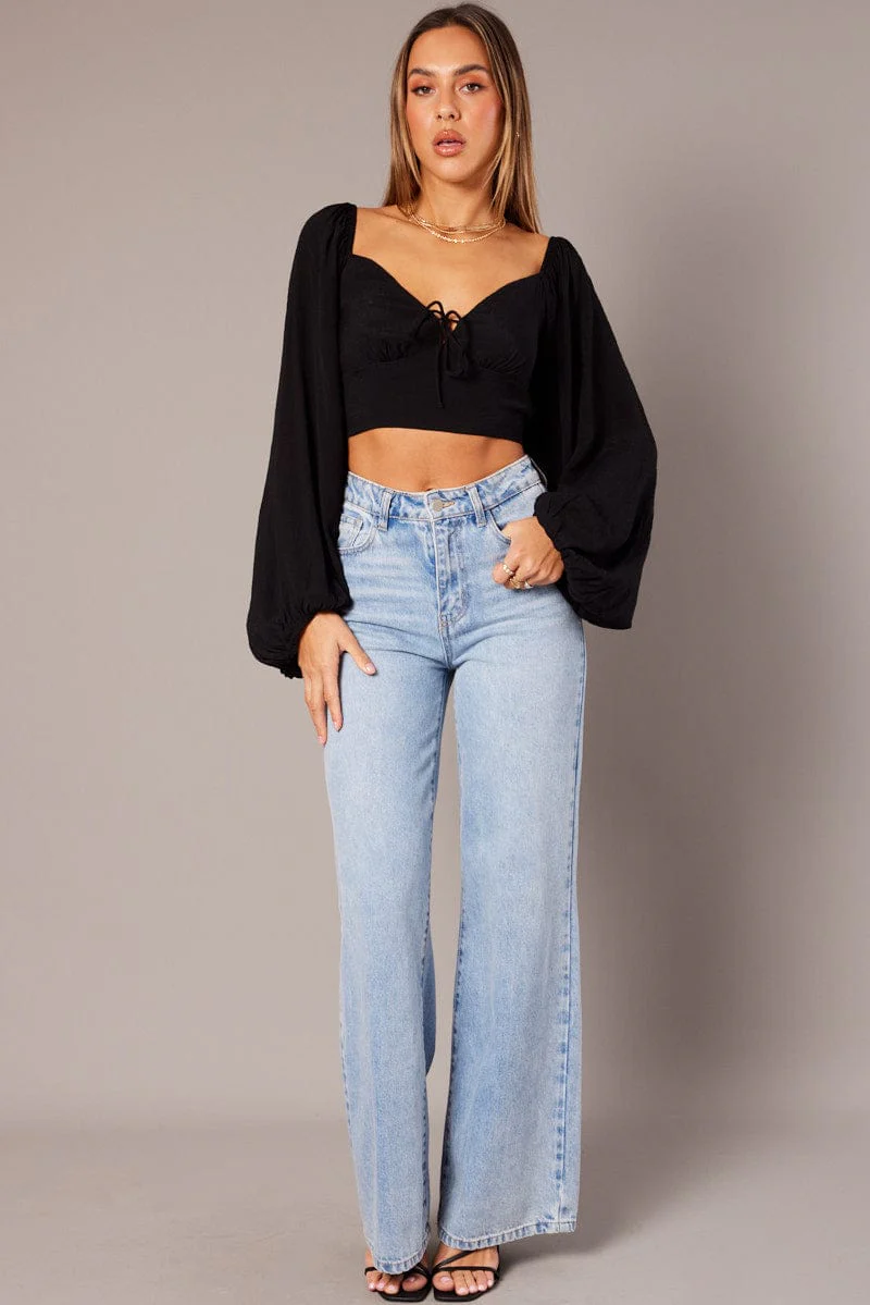 Black Gathered Bust Top Balloon Sleeve Backless Blouse - Image 2