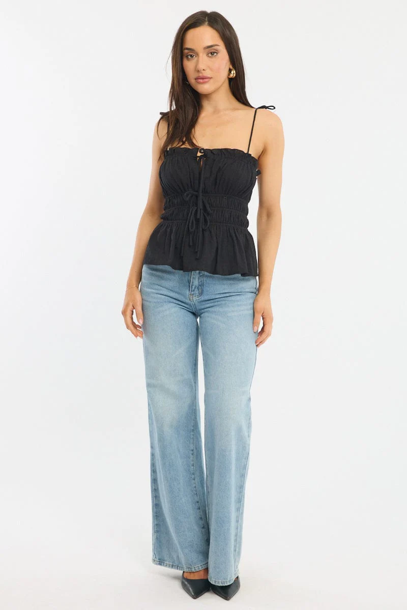Black Gathered Tie Cami Sleeveless Notched Front - Image 2