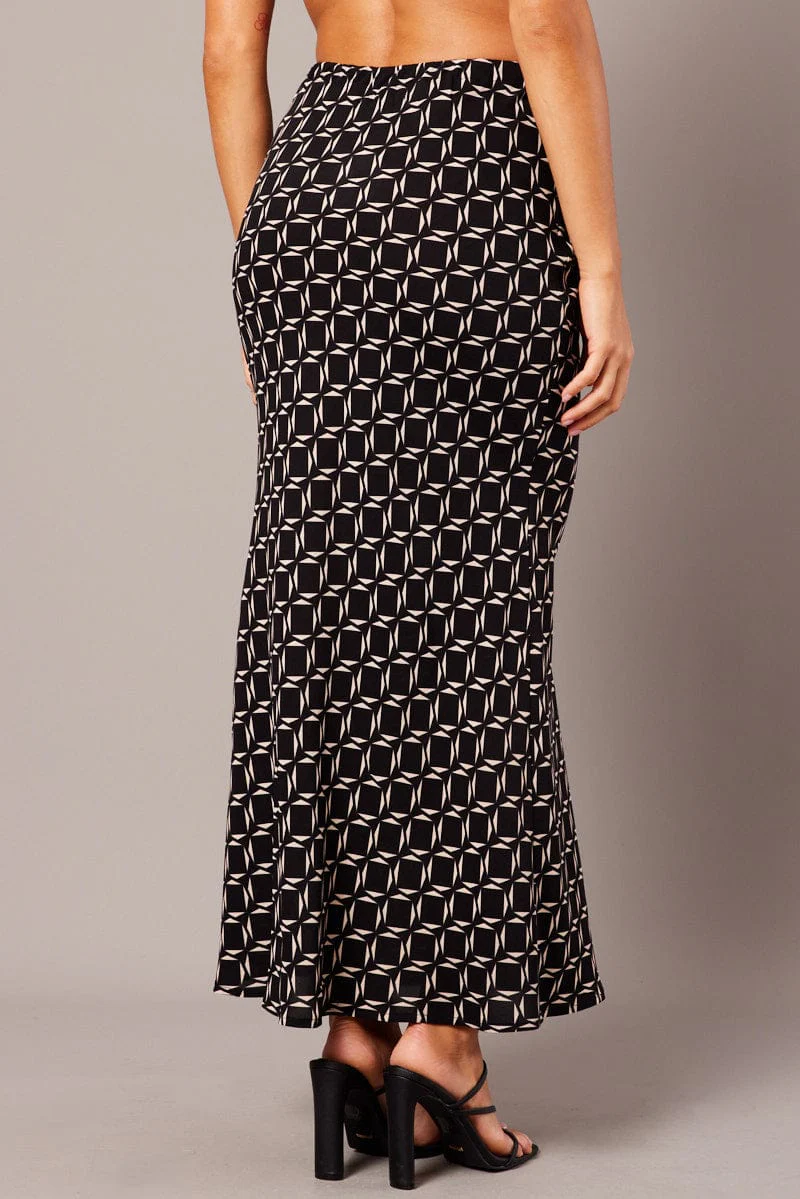 Black Geo Slip Skirt Maxi Drawstring Waist - Image 5