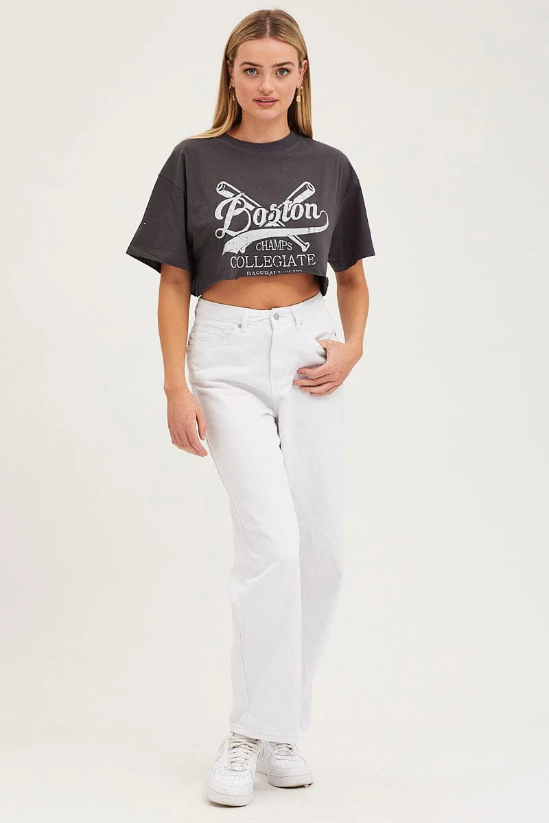 Black Graphic T-Shirt Short Sleeve Crop Crew Neck - Image 2
