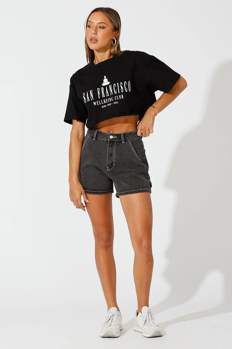 Black Graphic Tee Health Club. Slogan Crop T-Shirt - Image 2