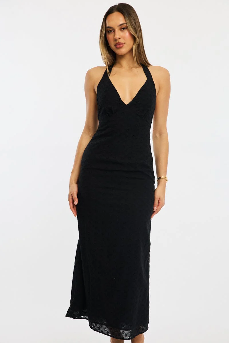Black Halter Neck Dress Eyelet Fabric - Image 2